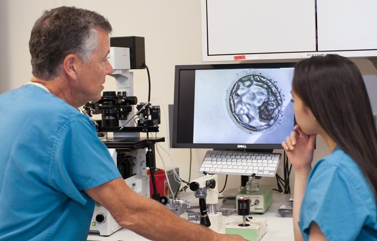 Image of embryology laboratory director, Dr. Garrisi and a member of his team at work in the lab.