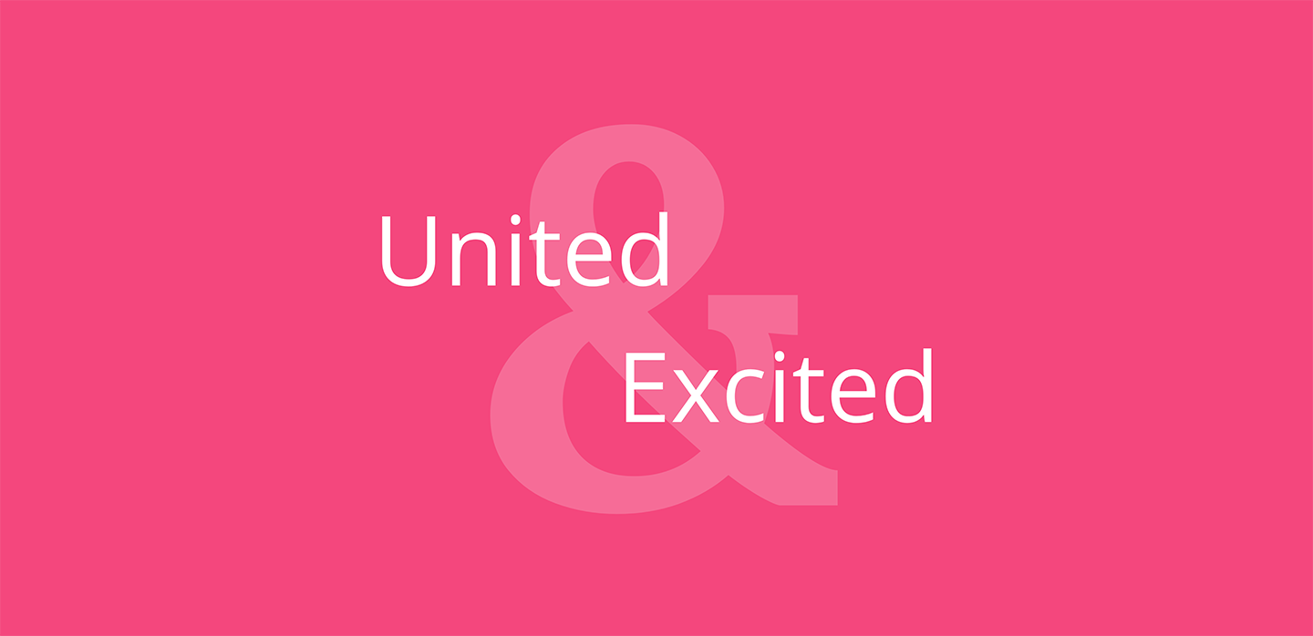 United & Excited Title on the IRMS Bright Pink Background